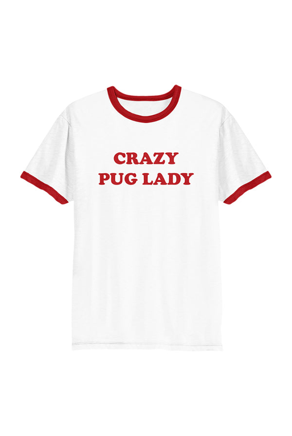 Crazy Pug Lady Ringer (White/Red)